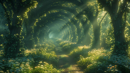 Wall Mural - dreamy forest path with trees arching overhead, sunlight filtering through lush foliage