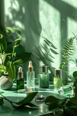Poster - A table with bottles of skin care products against a green background