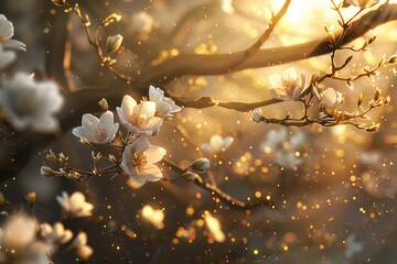 Poster - Close-up of white flowers growing on a tree branch, natural beauty in focus