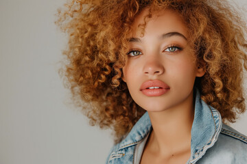 Wall Mural - mixed race woman with curly light brown hair wearing denim jacket on neutral background