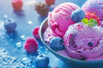 Wall Mural - A bowl of creamy ice cream topped with mixed berries and blueberries, perfect for a sweet treat or dessert