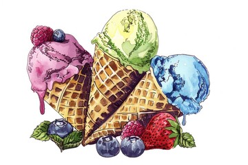 Canvas Print - A delicious waffle topped with three scoops of ice cream and fresh berries, perfect for a sweet treat