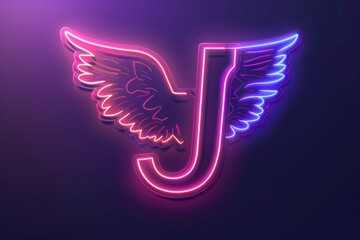 Wall Mural - Illustration of a neon letter J with wings on a dark background