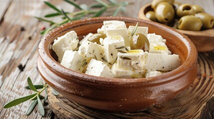 Canvas Print - Feta cheese and olives in a bowl on a wooden surface