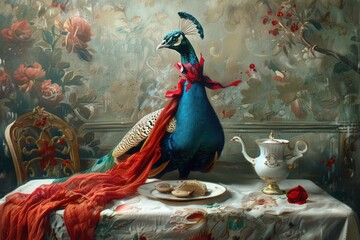 Poster - A majestic peacock sitting on a wooden table, with its vibrant feathers spread out