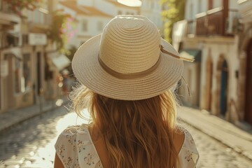 Poster - A woman wearing a hat and coat walks down a historic cobblestone street, suitable for use in images of vintage or urban settings
