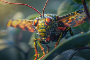 Poster - A close-up shot of a vibrant insect sitting on a leaf, with intricate details and patterns