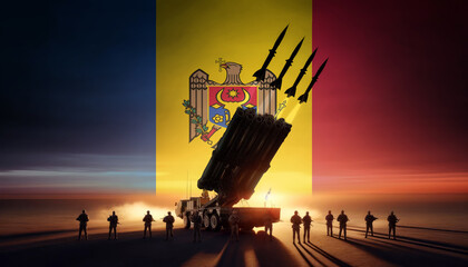 A powerful rocket launcher fires multiple missiles at sunset, with soldiers standing guard and Moldova flag in the background