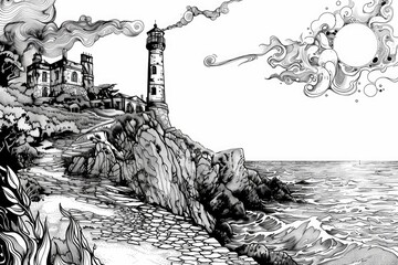 Poster - A monochrome illustration of a historic lighthouse