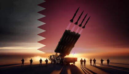 A powerful rocket launcher fires multiple missiles at sunset, with soldiers standing guard and Qatar flag in the background