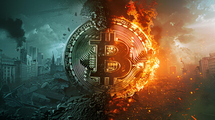 Dramatic artwork depicting a bitcoin in a dystopian setting with urban destruction