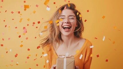 Wall Mural - Happy woman holding a gift box with confetti flying around. Celebration and surprise concept.