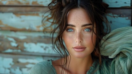 street photography portrait, closeup, a beautiful woman with blue eyes, sitting on a bench, dark hair held on bun, she is wearing green outfit.