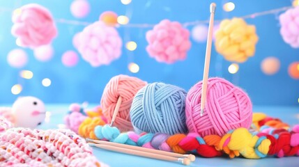 Wall Mural -   A group of yarn balls sits atop a table with knitting needles and a ball of yarn nearby