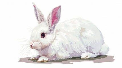 Wall Mural -   A white rabbit with pink ears sits on the ground, looking sadly at the camera