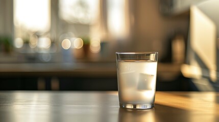 A glass of water sits on a wooden table