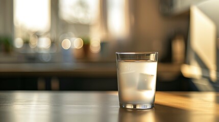 Wall Mural - A glass of water sits on a wooden table