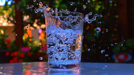 Wall Mural -   Close-up photo of a glass filled with sparkling water atop a wooden table