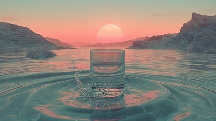 Wall Mural -   A glass of water sits atop a pool of water against a fiery sunset backdrop