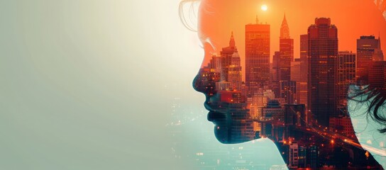 Wall Mural - Double exposure illustration depicting a persons profile superimposed on a cityscape at sunset