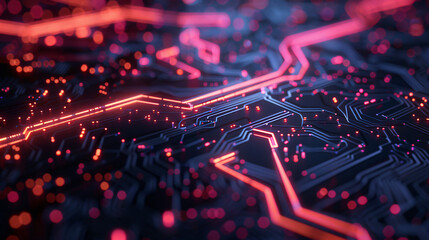 Poster - Data transferring through a futuristic circuit board with glowing red lights