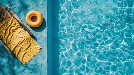 Flatlay summer fun by the pool in colorful colors. Ideal for water based party invitations and announcements, product mockup, text background, graphic banners, and more.