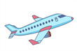 © Art_freeman - Airplane light blue color with pink tips. Plane in cartoon design. Passenger plane flying in the sky side view. travel concept. Toy plane graphic. Flat style vector illustration.