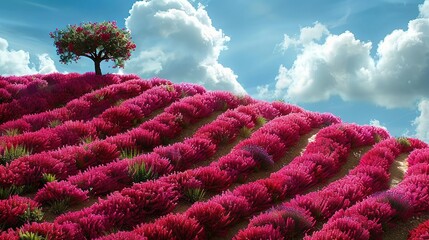 Wall Mural -   A majestic tree atop a verdant hill, bathed in vibrant pink blossoms and framed by a serene blue sky dotted with fluffy clouds