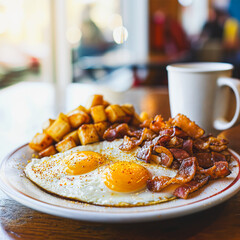 Bacon, eggs and home fries served with coffee