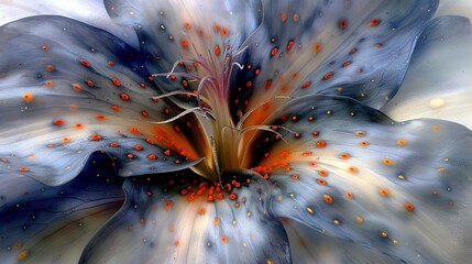 Canvas Print -   A close-up of a blue and white flower with orange stamens