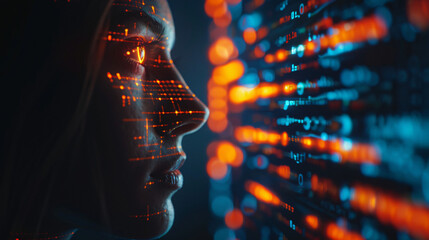 Leinwandbilder - Woman with binary code projected on her face is analyzing data