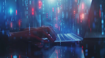 Fototapete - Programmer working on a laptop with glowing code raining down in the background