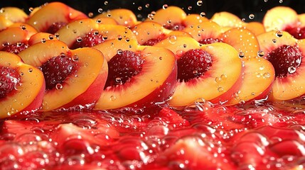   A table with sliced peaches and raspberries stacked on top