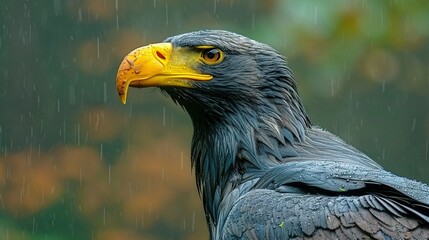 Wall Mural -   A bird of prey with rain falling on its head in the foreground, with a slightly blurred background