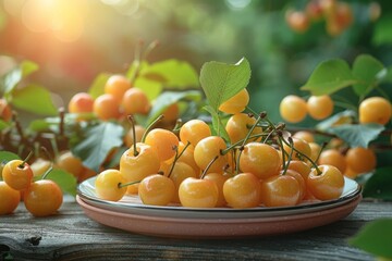 Wall Mural - picking yellow cherries in the orchard. close-up of a bowl of berries on a table against a blurred garden background.