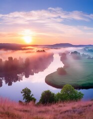 Wall Mural - panorama of a summer landscape with sunrise, fog and the river