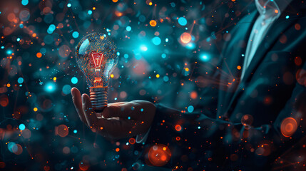 Poster - Entrepreneur holds a lightbulb, symbolizing innovation in a digitally interconnected society
