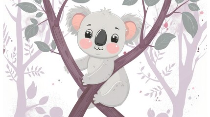 Wall Mural -   A koala in a tree with leaves on its branches and koala written on its chest