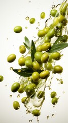 Wall Mural - olives flying on white background or olives falling in the air. levitation .