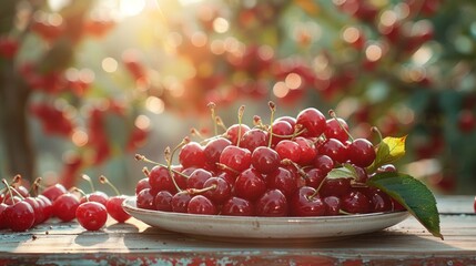Wall Mural - ripe cherries on the table in the garden. red berries, blurred orchard on a sunny day.
