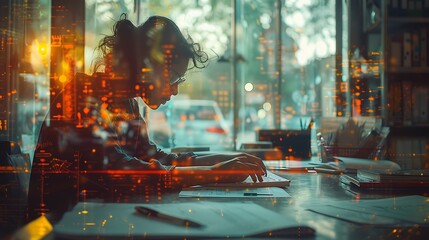 Wall Mural - person sitting at a desk doing calculus depicted with double exposure and back button focus