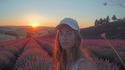 Poster -   A woman in a lavender field with the sun behind her and lavenders in front