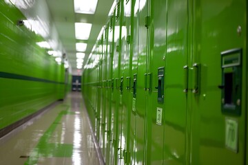 Wall Mural - Green lockers with student name tags in a quiet school hallway