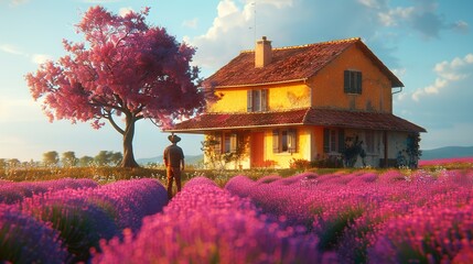 Wall Mural -   Person standing before house surrounded by purple flowers & tree in foreground