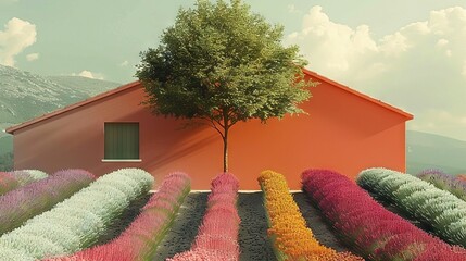 Wall Mural -   A house surrounded by a field with a solitary tree in its center and an array of vibrant flowers lining its approach