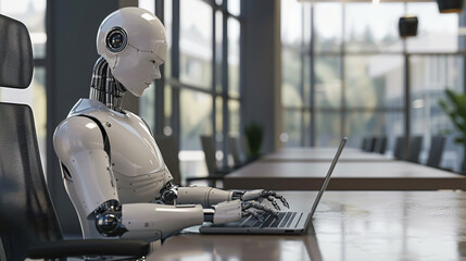 Poster - Robot demonstrates the future of automation in the modern office by using a laptop