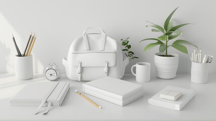 Wall Mural - Stylish 3D white student gear set on a clean white table with books and pencils