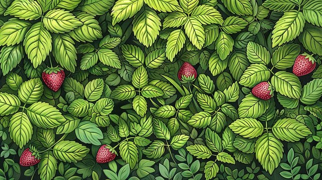   A painting of strawberries on a green bush with a red fruit atop