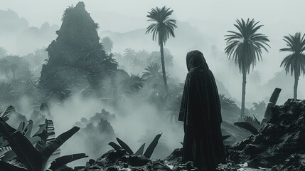 Poster -   A man stands amidst palm trees in a black-and-white photo set against a jungle backdrop