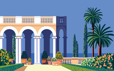 Mediterranean Landscape with traditional romantic belvedere in a park with a garden, flowering beds, palms, island and the sea in the background. Handmade drawing vector illustration.